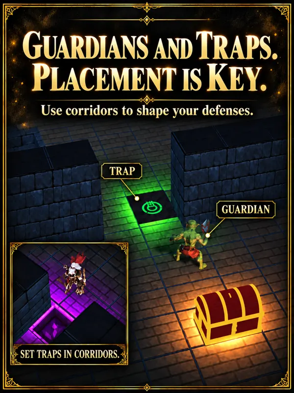 Promotional image showing traps and treasure in corridors