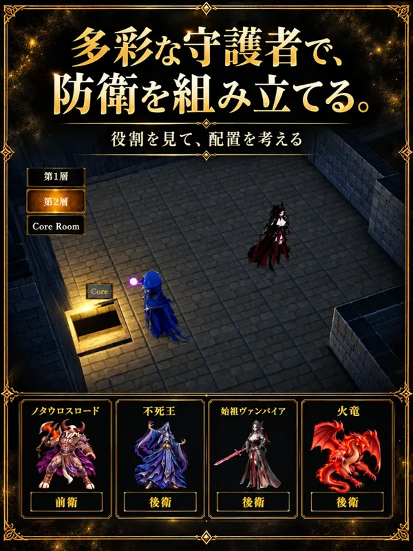 複数の守護者とカタログを紹介するゲームビジュアル